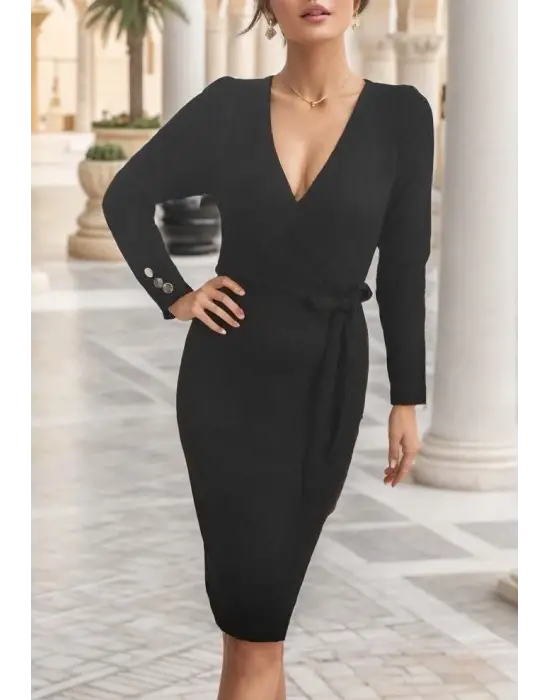 Kadın Uzun Kollu Kruvaze Yaka Bağcık Detay Akrilik Mini Boy Elbise