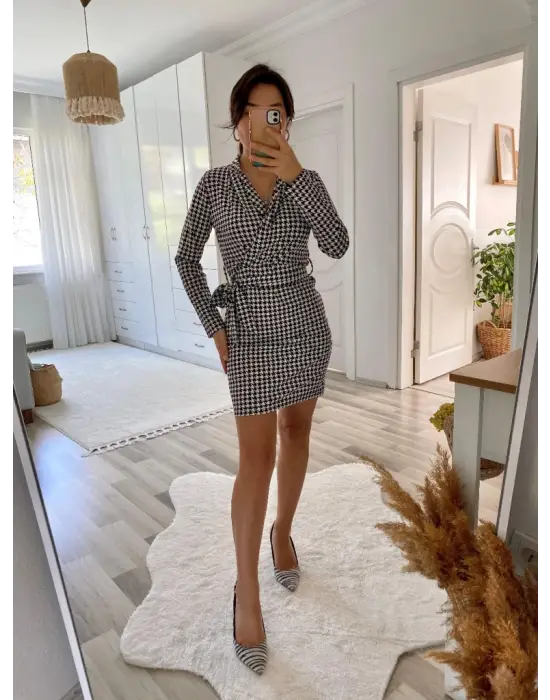 Kadın Uzun Kollu Kruvaze Yaka Bağlamalı Kemer Dalgıç Mini Boy Elbise