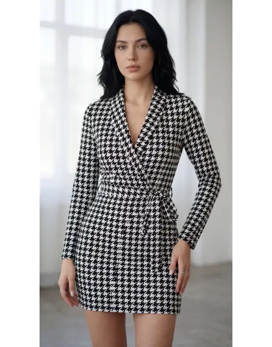 Kadın Uzun Kollu Kruvaze Yaka Bağlamalı Kemer Dalgıç Mini Boy Elbise