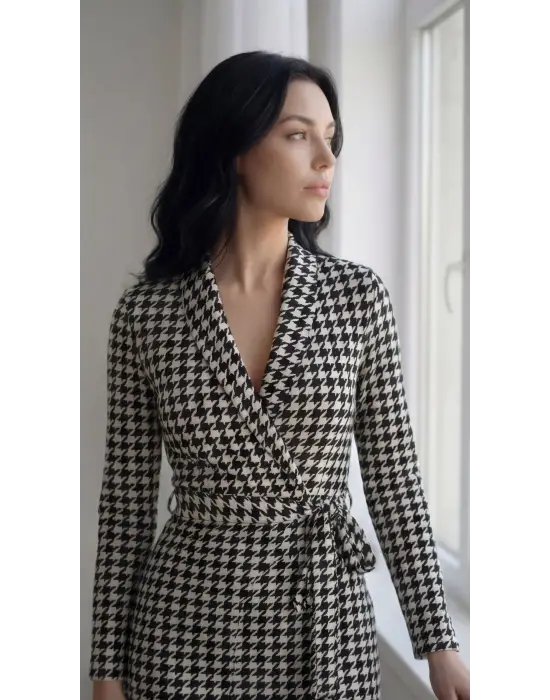 Kadın Uzun Kollu Kruvaze Yaka Bağlamalı Kemer Dalgıç Mini Boy Elbise