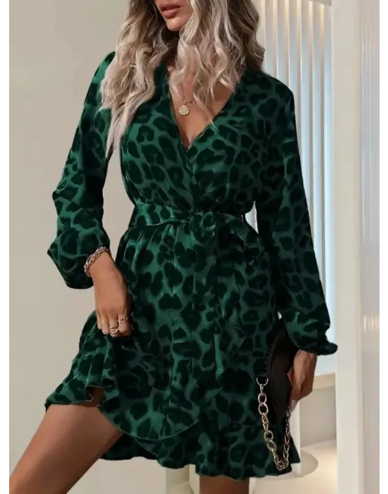 Kadın Uzun Kollu Kruvaze Yaka Beden Kuşaklı çapraz Kesim Detaylı Leopar Modal Mini Elbise