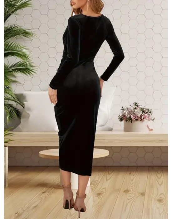 Kadın Uzun Kollu Kruvaze Yaka Belden Büzgü Detay Midi Kadife Elbise