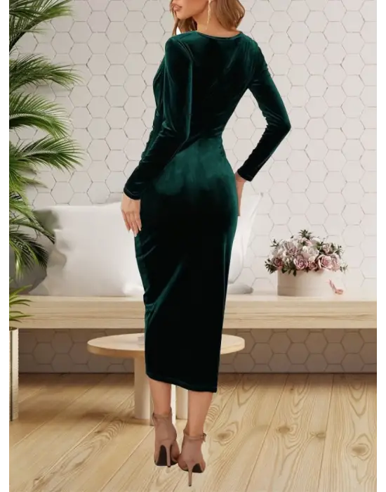 Kadın Uzun Kollu Kruvaze Yaka Belden Büzgü Detay Midi Kadife Elbise