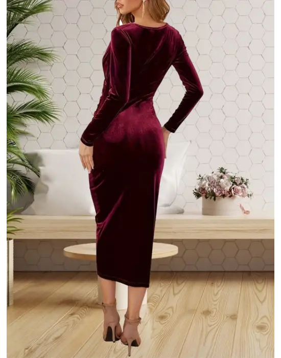 Kadın Uzun Kollu Kruvaze Yaka Belden Büzgü Detay Midi Kadife Elbise