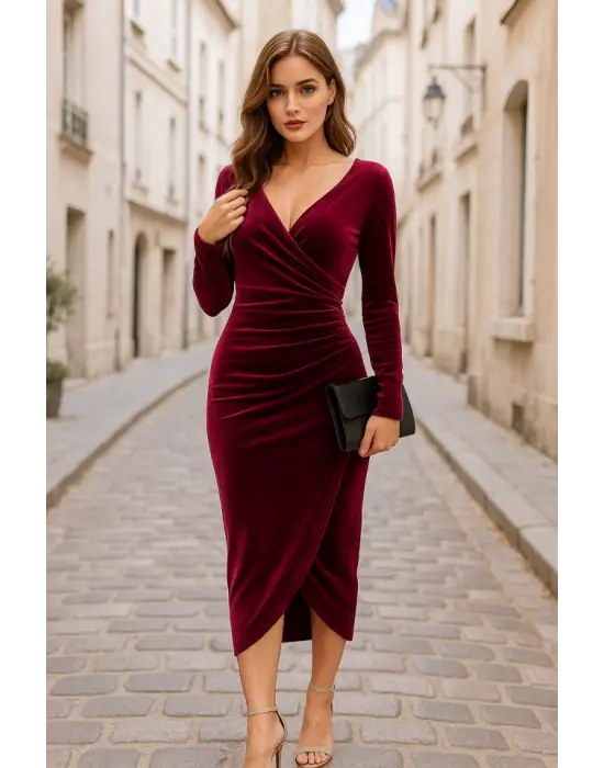 Kadın Uzun Kollu Kruvaze Yaka Belden Büzgü Detay Midi Kadife Elbise