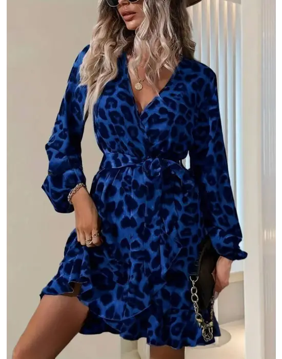 Kadın Uzun Kollu Kruvaze Yaka Belden Kuşaklı çapraz Kesim Detaylı Leopar Modal Mini Elbise