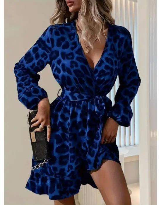 Kadın Uzun Kollu Kruvaze Yaka Belden Kuşaklı çapraz Kesim Detaylı Leopar Modal Mini Elbise
