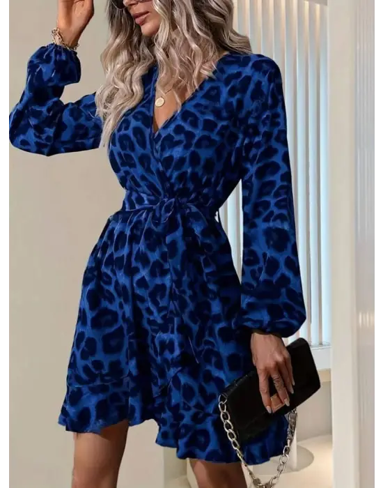 Kadın Uzun Kollu Kruvaze Yaka Belden Kuşaklı çapraz Kesim Detaylı Leopar Modal Mini Elbise