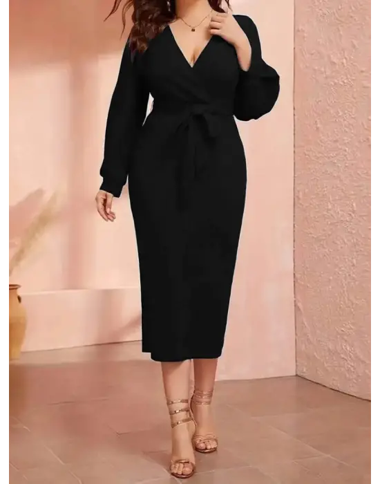Kadın Uzun Kollu Kruvaze Yaka Belden Kuşaklı Midi Ithal Krep Elbise