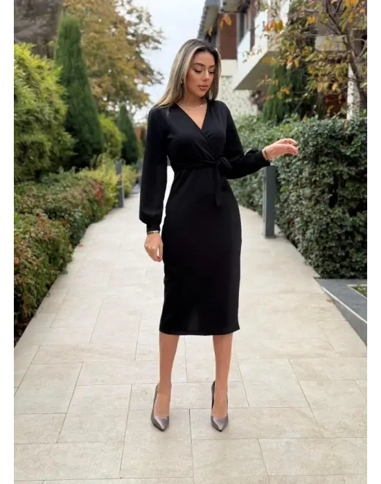 Kadın Uzun Kollu Kruvaze Yaka Belden Kuşaklı Midi Ithal Krep Elbise