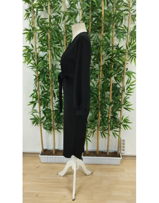 Kadın Uzun Kollu Kruvaze Yaka Belden Kuşaklı Midi Ithal Krep Elbise