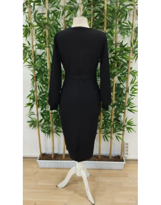 Kadın Uzun Kollu Kruvaze Yaka Belden Kuşaklı Midi Ithal Krep Elbise