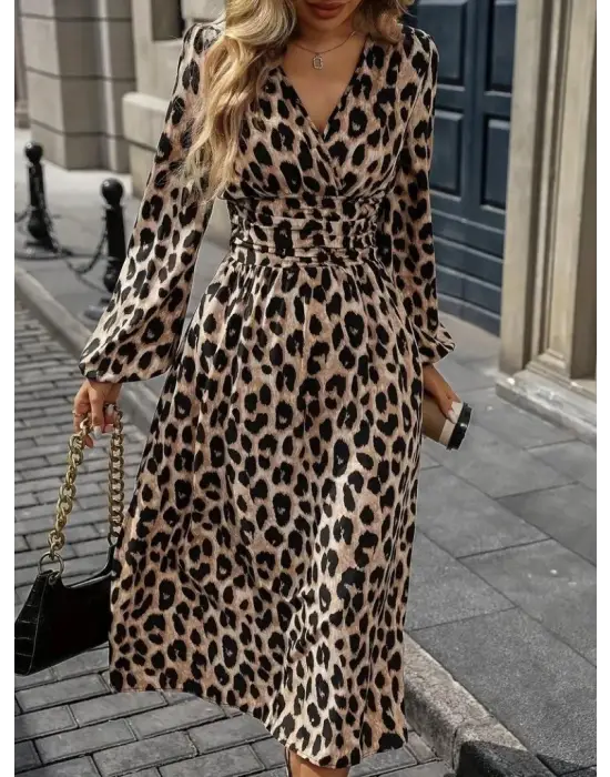 Kadın Uzun Kollu Kruvaze Yaka Belden Oturtmalı Midi Modal Leopar Desenli Elbise