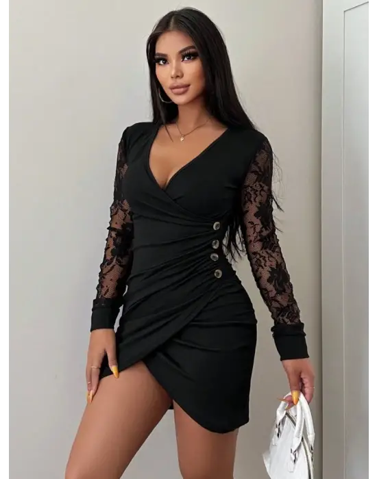 Kadın Uzun Kollu Kruvaze Yaka Beli Düğme Detay Krep Elbise