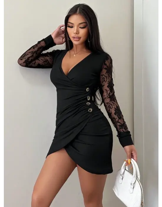 Kadın Uzun Kollu Kruvaze Yaka Beli Düğme Detay Krep Elbise