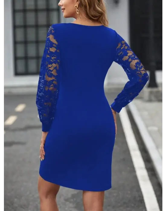 Kadın Uzun Kollu Kruvaze Yaka Beli Düğme Detay Krep Elbise