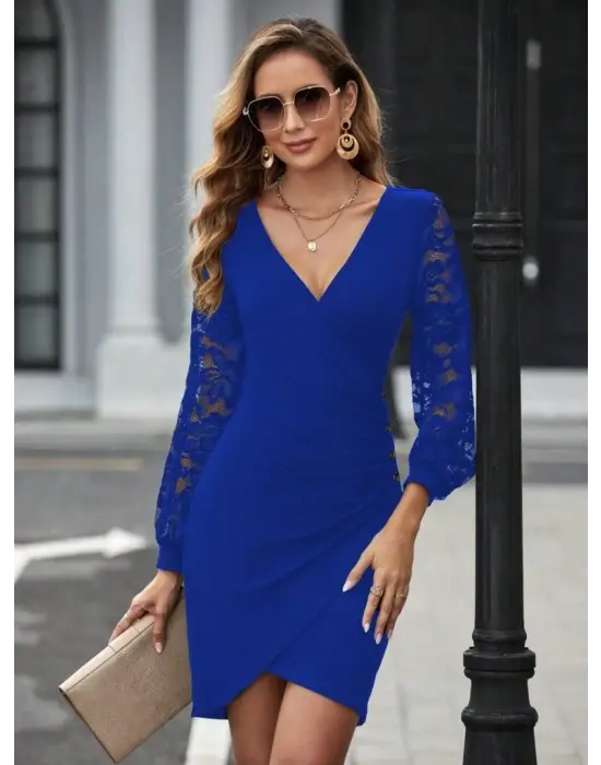 Kadın Uzun Kollu Kruvaze Yaka Beli Düğme Detay Krep Elbise