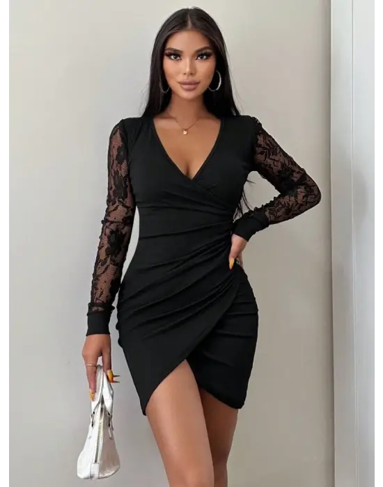 Kadın Uzun Kollu Kruvaze Yaka Beli Düğme Detay Krep Elbise