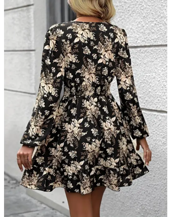 Kadın Uzun Kollu Kruvaze Yaka Beli Gipeli çiçek Desenli Kısa Dalgıç Elbise