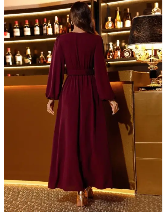 Kadın Uzun Kollu Kruvaze Yaka Beli Kemerli Yırtmaçlı Uzun Ithal Krep Elbise