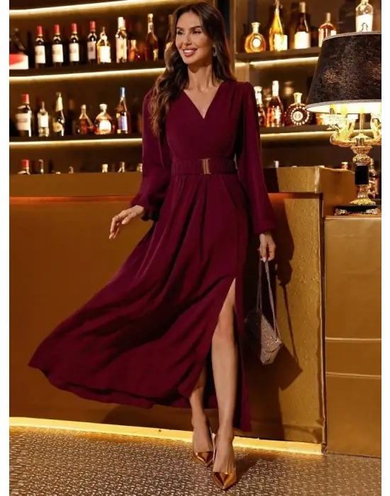 Kadın Uzun Kollu Kruvaze Yaka Beli Kemerli Yırtmaçlı Uzun Ithal Krep Elbise