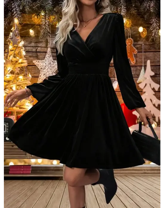 Kadın Uzun Kollu Kruvaze Yaka Beli Lastikli Kiloş Kadife Elbise