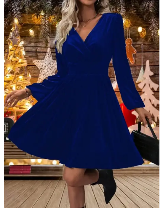 Kadın Uzun Kollu Kruvaze Yaka Beli Lastikli Kiloş Kadife Elbise