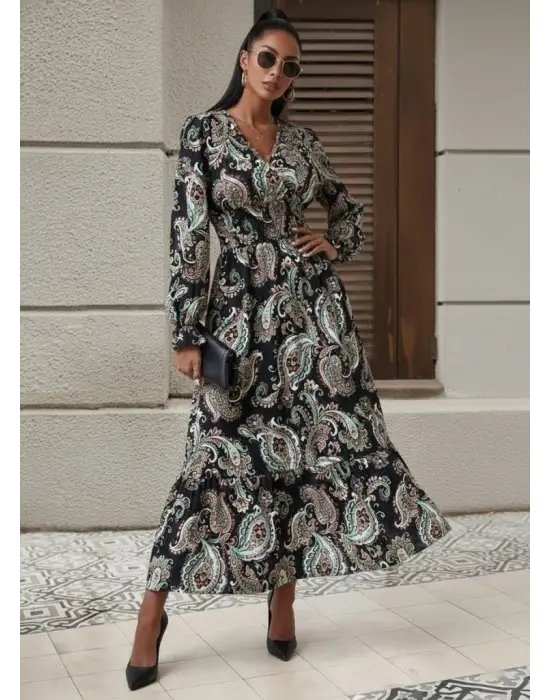 Kadın Uzun Kollu Kruvaze Yaka Beli Lastikli Uzun Desenli Maxi Elbise