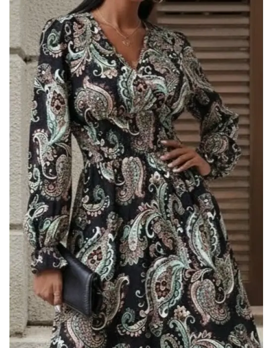 Kadın Uzun Kollu Kruvaze Yaka Beli Lastikli Uzun Desenli Maxi Elbise