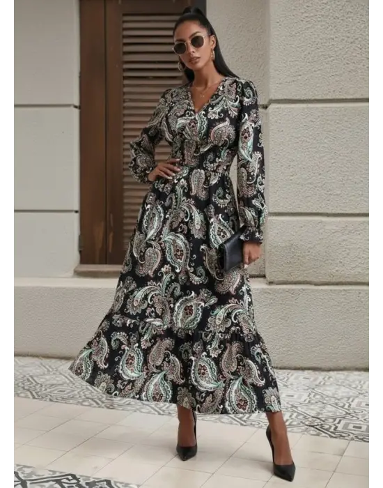 Kadın Uzun Kollu Kruvaze Yaka Beli Lastikli Uzun Desenli Maxi Elbise