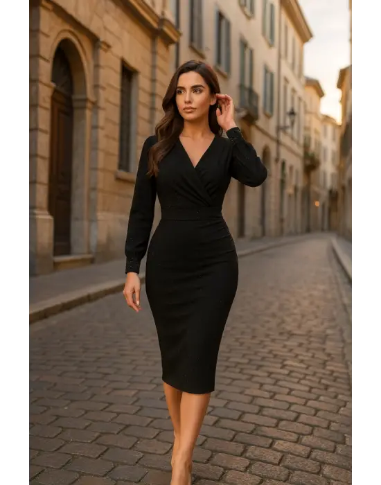 Omarı Kadın Uzun Kollu Krep Kumaş Maxi Elbise