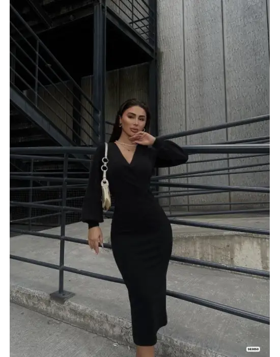 Kadın Uzun Kollu Kruvaze Yaka Büzgü Ve Balon Kol Detay Krep Kumaş Maxi Boy Simli Elbise