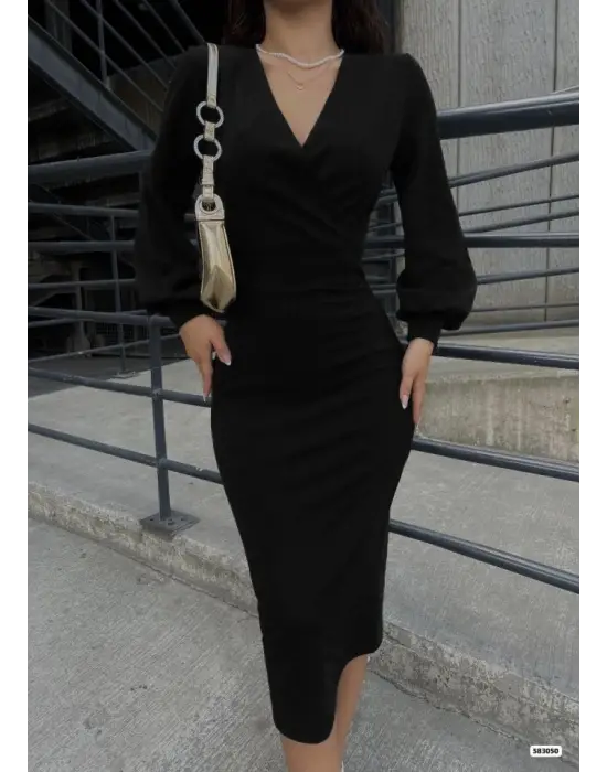 Kadın Uzun Kollu Kruvaze Yaka Büzgü Ve Balon Kol Detay Krep Kumaş Maxi Boy Simli Elbise