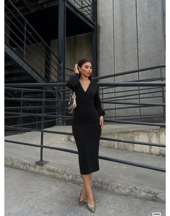 Kadın Uzun Kollu Kruvaze Yaka Büzgü Ve Balon Kol Detay Krep Kumaş Maxi Boy Simli Elbise