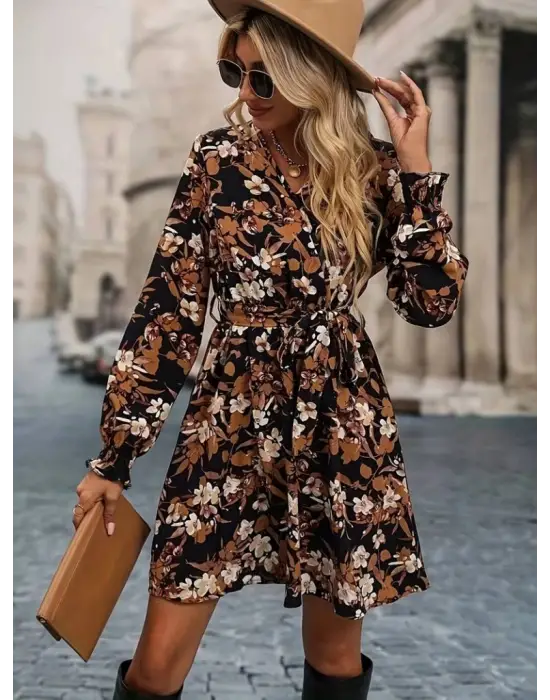 Kadın Uzun Kollu Kruvaze Yaka çiçek Desenli Dalgıç Elbise