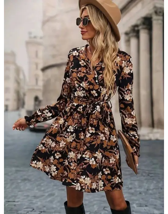 Kadın Uzun Kollu Kruvaze Yaka çiçek Desenli Dalgıç Elbise
