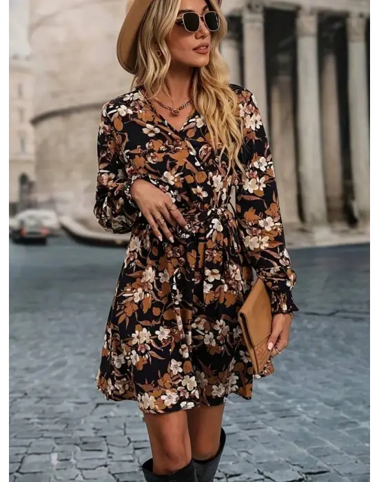 Kadın Uzun Kollu Kruvaze Yaka çiçek Desenli Dalgıç Elbise