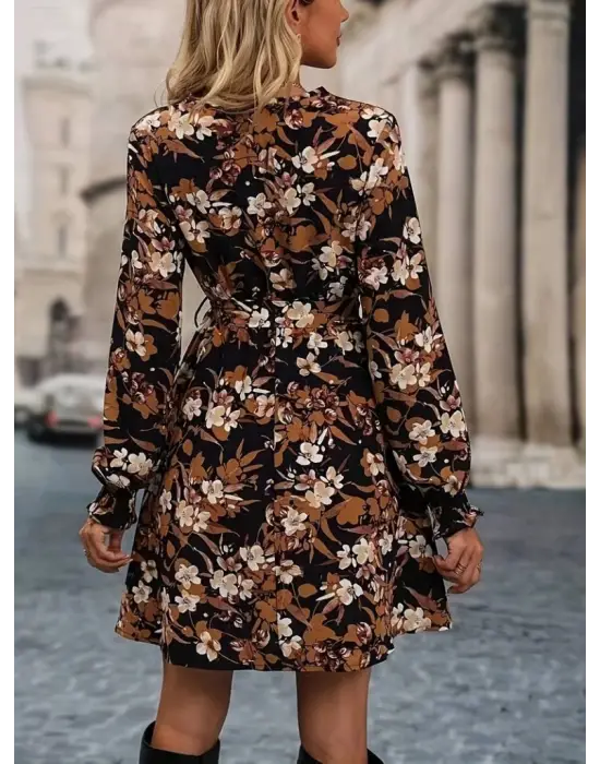 Kadın Uzun Kollu Kruvaze Yaka çiçek Desenli Dalgıç Elbise