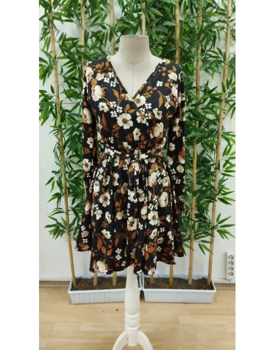 Kadın Uzun Kollu Kruvaze Yaka çiçek Desenli Dalgıç Elbise