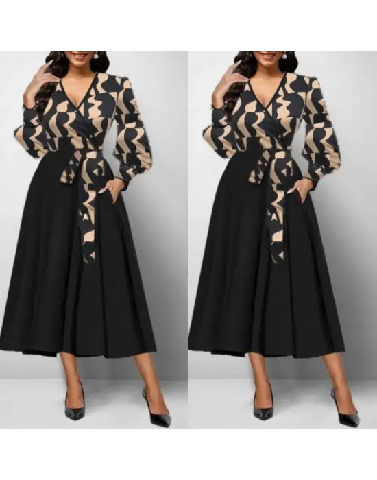 Kadın Uzun Kollu Kruvaze Yaka Dalgıç Krep Midi Boy Elbise