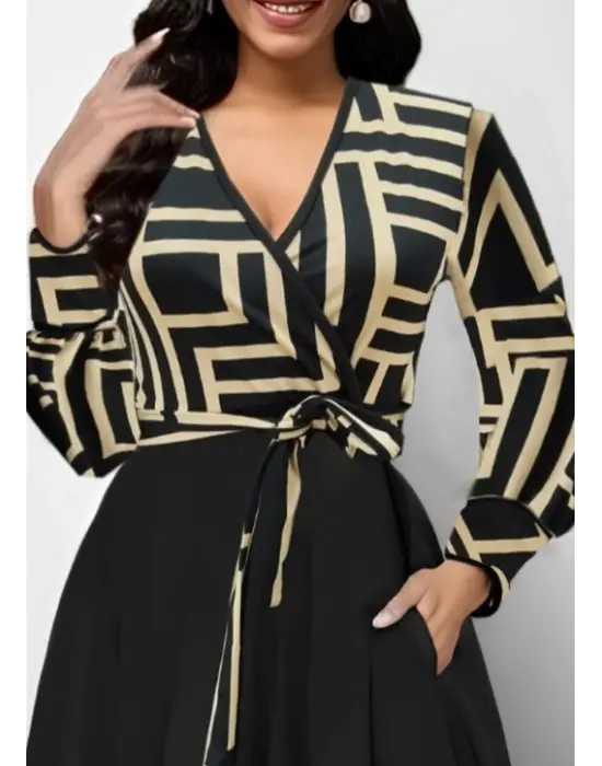 Kadın Uzun Kollu Kruvaze Yaka Dalgıç Krep Midi Boy Elbise