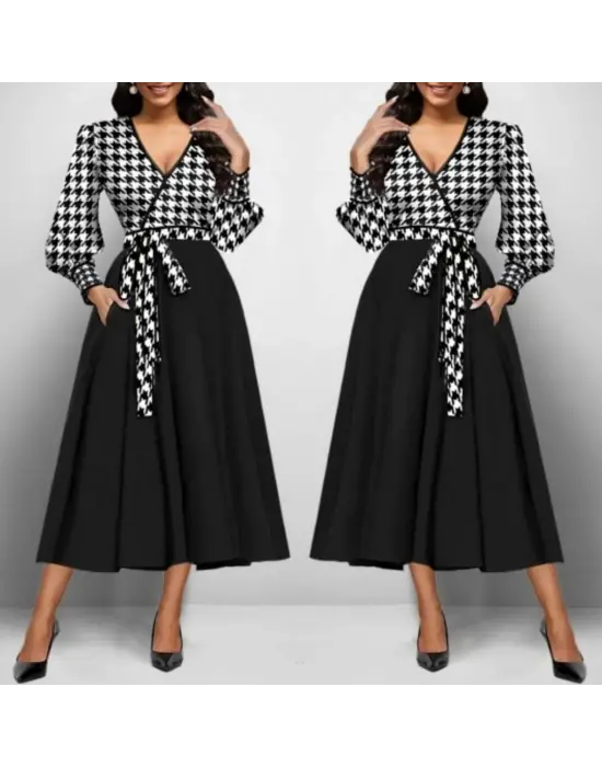 Kadın Uzun Kollu Kruvaze Yaka Dalgıç Krep Midi Boy Elbise