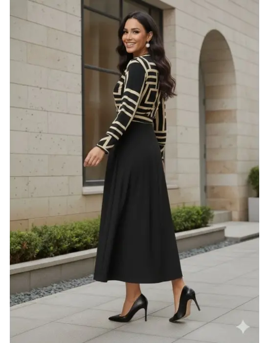 Kadın Uzun Kollu Kruvaze Yaka Dalgıç Krep Midi Boy Elbise