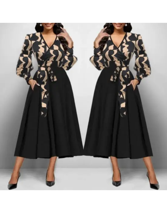 Kadın Uzun Kollu Kruvaze Yaka Dalgıç Krep Midi Boy Elbise