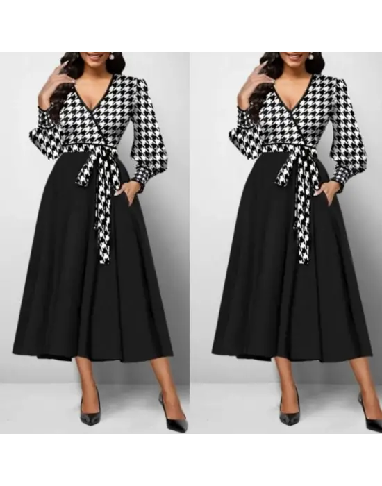 Kadın Uzun Kollu Kruvaze Yaka Dalgıç Krep Midi Boy Elbise