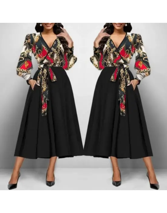 Kadın Uzun Kollu Kruvaze Yaka Dalgıç Krep Midi Boy Elbise