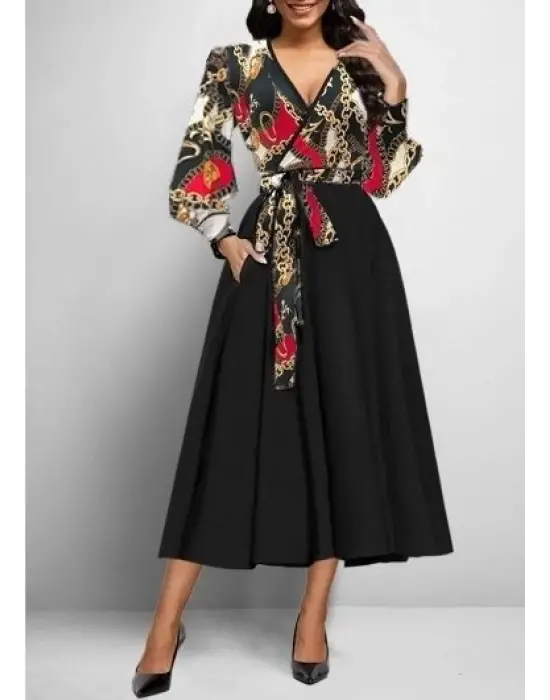 Kadın Uzun Kollu Kruvaze Yaka Dalgıç Krep Midi Boy Elbise