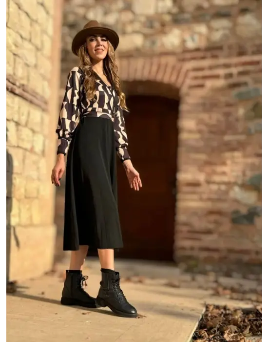 Kadın Uzun Kollu Kruvaze Yaka Dalgıç Krep Midi Boy Elbise