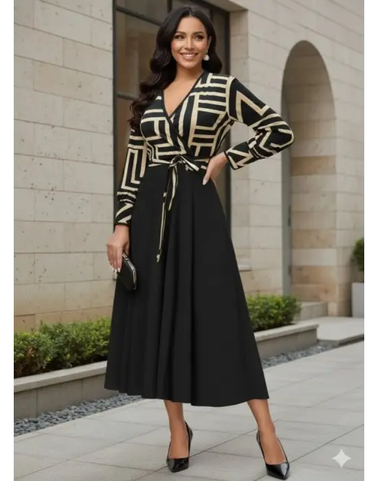 Kadın Uzun Kollu Kruvaze Yaka Dalgıç Krep Midi Boy Elbise