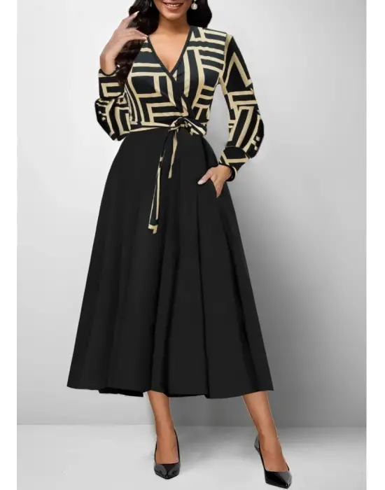 Kadın Uzun Kollu Kruvaze Yaka Dalgıç Krep Midi Boy Elbise